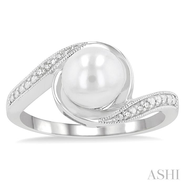 7x7 MM Round Shape Cultured Pearl and 1/50 Ctw Bypass Round Cut Diamond Ring in Sterling Silver