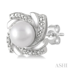 6x6 MM Round Shape Cultured Pearls and 1/50 Ctw Swirl Round Cut Diamond Earring in Sterling Silver
