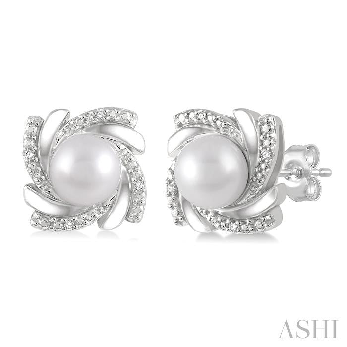 6x6 MM Round Shape Cultured Pearls and 1/50 Ctw Swirl Round Cut Diamond Earring in Sterling Silver