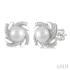 6x6 MM Round Shape Cultured Pearls and 1/50 Ctw Swirl Round Cut Diamond Earring in Sterling Silver