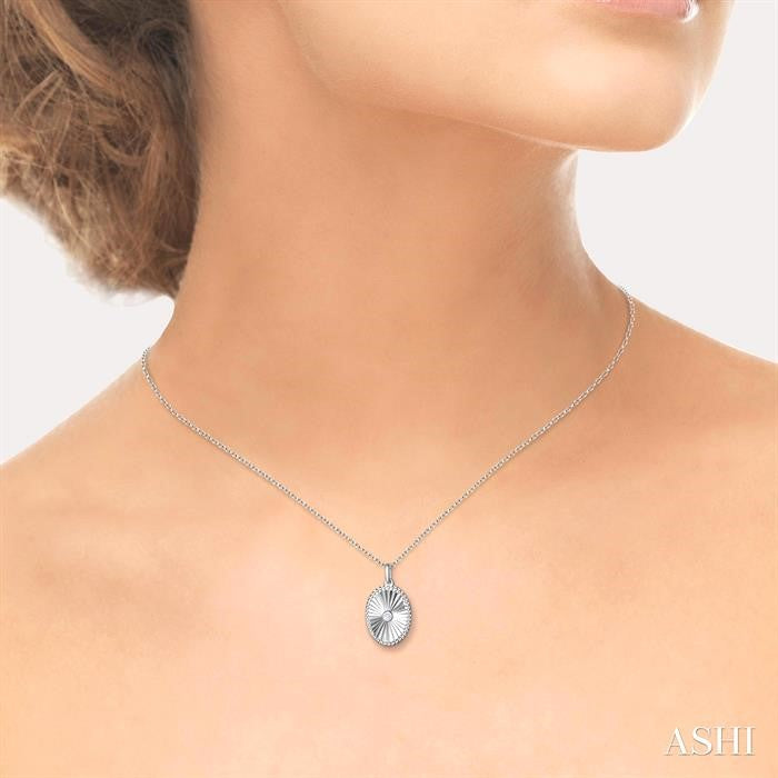 1/20 Ctw Oval fluted medallion Round Cut Diamond Pendant With Chain in Sterling Silver