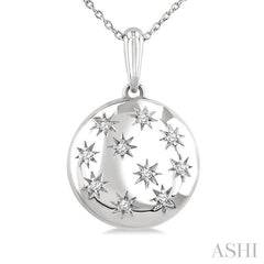 1/10 Ctw Bold Star Engraved Puffed Round Cut Diamond Pendant With Chain in Sterling Silver