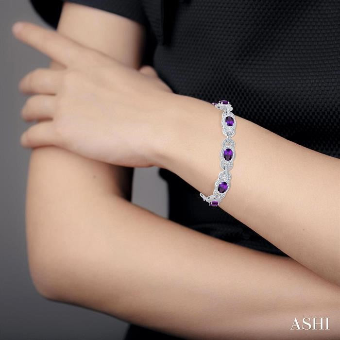 7x5 MM Oval Shape Amethyst and 1/10 Ctw Round Cut Diamond Semi-Precious Bracelet in Sterling Silver