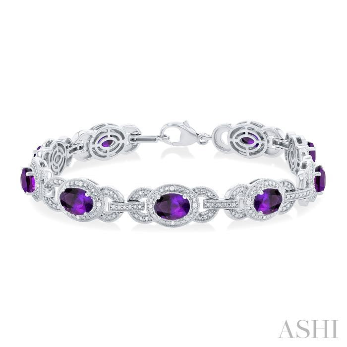 7x5 MM Oval Shape Amethyst and 1/10 Ctw Round Cut Diamond Semi-Precious Bracelet in Sterling Silver