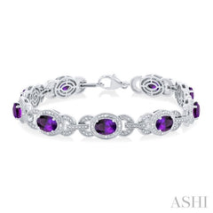 7x5 MM Oval Shape Amethyst and 1/10 Ctw Round Cut Diamond Semi-Precious Bracelet in Sterling Silver