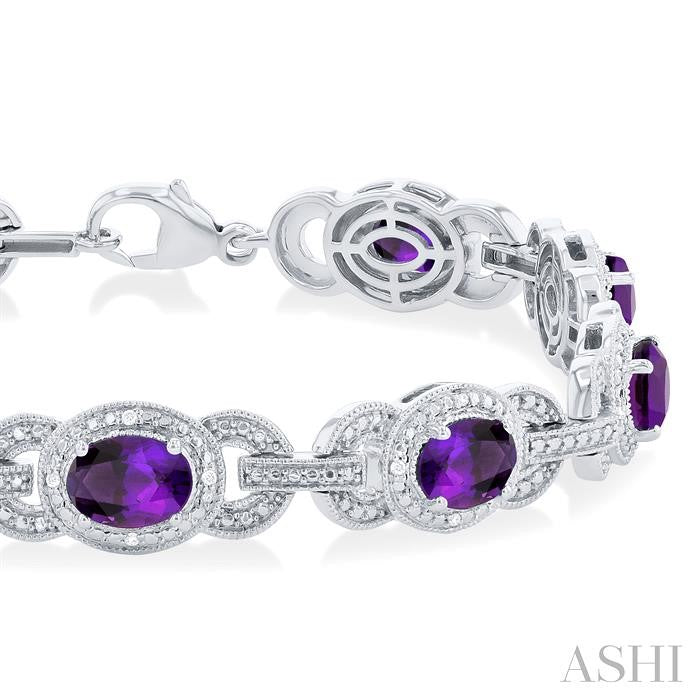 7x5 MM Oval Shape Amethyst and 1/10 Ctw Round Cut Diamond Semi-Precious Bracelet in Sterling Silver