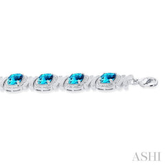 1/10 Ctw Cushion Shape 7X7 MM Blue Topaz and Round Cut Diamond Semi-Precious Bracelet in Sterling Silver