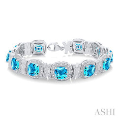 1/10 Ctw Cushion Shape 7X7 MM Blue Topaz and Round Cut Diamond Semi-Precious Bracelet in Sterling Silver