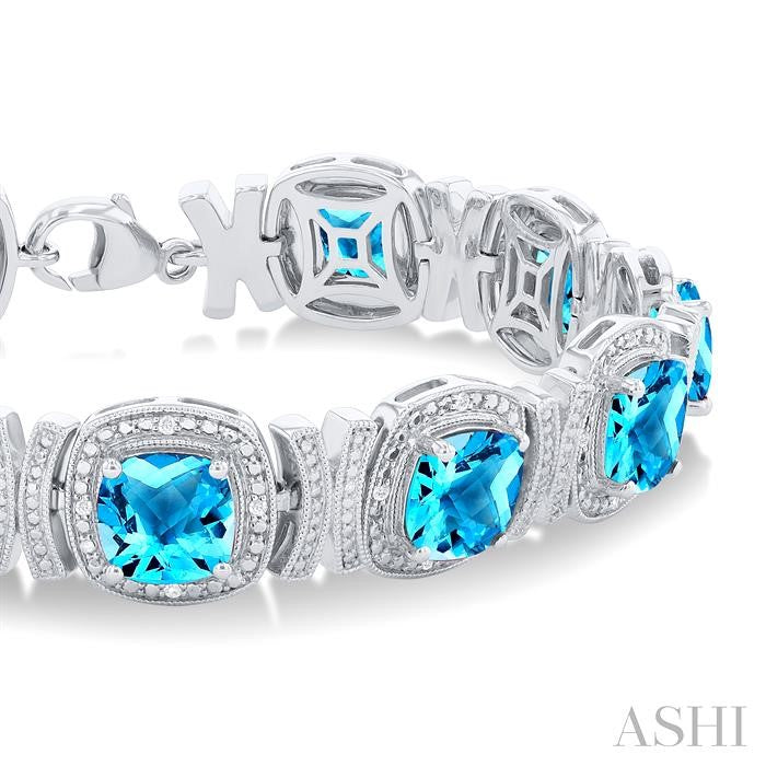 1/10 Ctw Cushion Shape 7X7 MM Blue Topaz and Round Cut Diamond Semi-Precious Bracelet in Sterling Silver