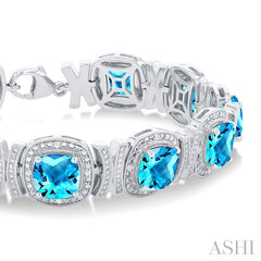 1/10 Ctw Cushion Shape 7X7 MM Blue Topaz and Round Cut Diamond Semi-Precious Bracelet in Sterling Silver