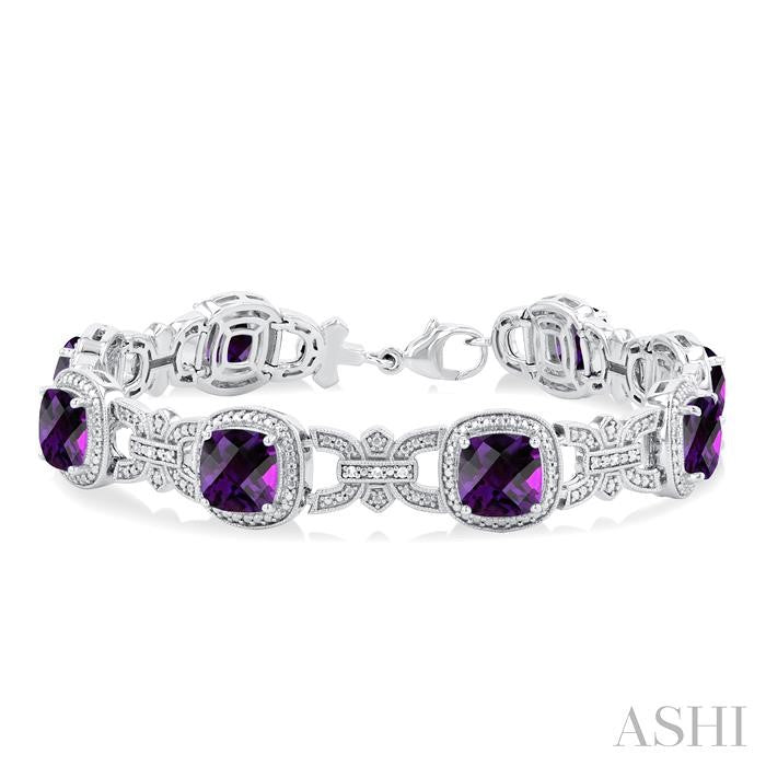 7X7 MM Cushion Shape Amethyst and 1/10 Ctw Round Cut Diamond Semi-Precious Bracelet in Sterling Silver