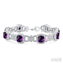 7X7 MM Cushion Shape Amethyst and 1/10 Ctw Round Cut Diamond Semi-Precious Bracelet in Sterling Silver