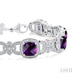 7X7 MM Cushion Shape Amethyst and 1/10 Ctw Round Cut Diamond Semi-Precious Bracelet in Sterling Silver