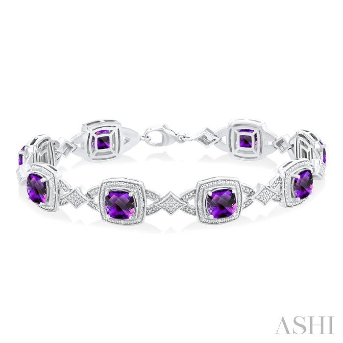7X7 MM Cushion Shape Amethyst and 1/10 Ctw Round Cut Diamond Semi-Precious Bracelet in Sterling Silver