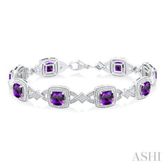 7X7 MM Cushion Shape Amethyst and 1/10 Ctw Round Cut Diamond Semi-Precious Bracelet in Sterling Silver