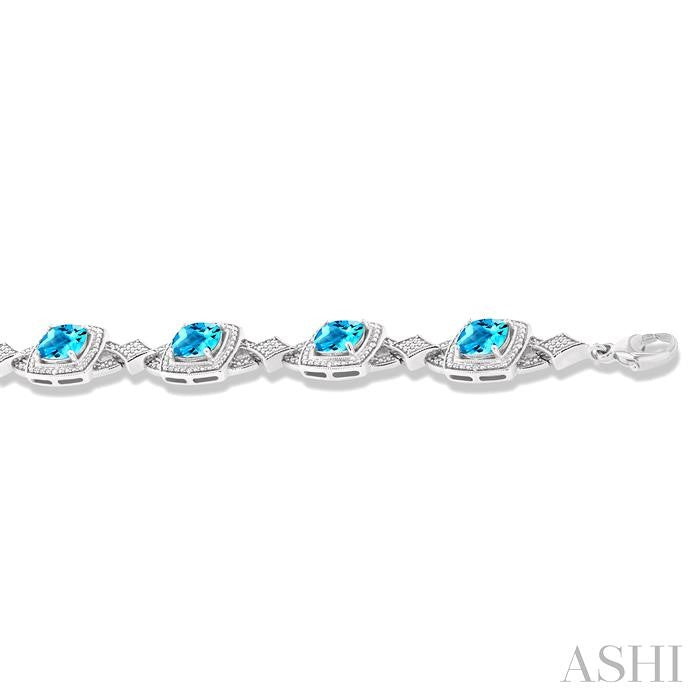 1/10 Ctw Cushion Shape 7X7 MM Blue Topaz and Round Cut Diamond Semi-Precious Bracelet in Sterling Silver