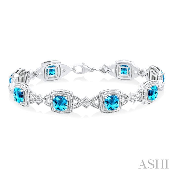 1/10 Ctw Cushion Shape 7X7 MM Blue Topaz and Round Cut Diamond Semi-Precious Bracelet in Sterling Silver
