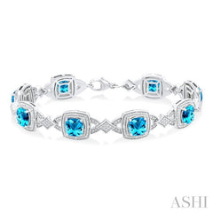 1/10 Ctw Cushion Shape 7X7 MM Blue Topaz and Round Cut Diamond Semi-Precious Bracelet in Sterling Silver