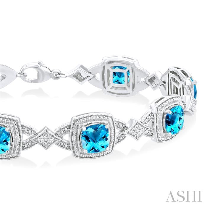 1/10 Ctw Cushion Shape 7X7 MM Blue Topaz and Round Cut Diamond Semi-Precious Bracelet in Sterling Silver