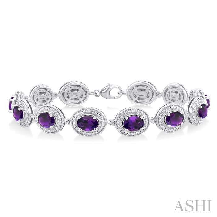 7x5 MM Oval Shape Amethyst and 1/10 Ctw Round Cut Diamond Semi-Precious Bracelet in Sterling Silver