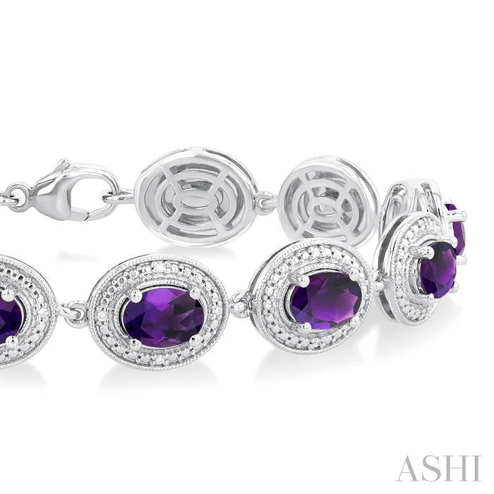 7x5 MM Oval Shape Amethyst and 1/10 Ctw Round Cut Diamond Semi-Precious Bracelet in Sterling Silver
