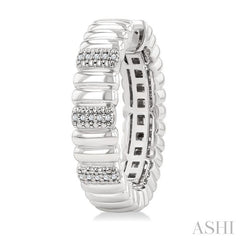 1/10 Ctw Wide Ribbed Plain Polished and Round Cut Diamond Bold Fashion Hoop Earrings in Sterling Silver