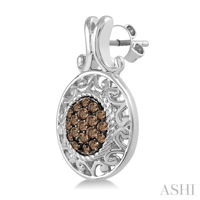 1/8 Ctw Oval Shape Round Cut Champagne Brown Diamond Earrings in Sterling Silver