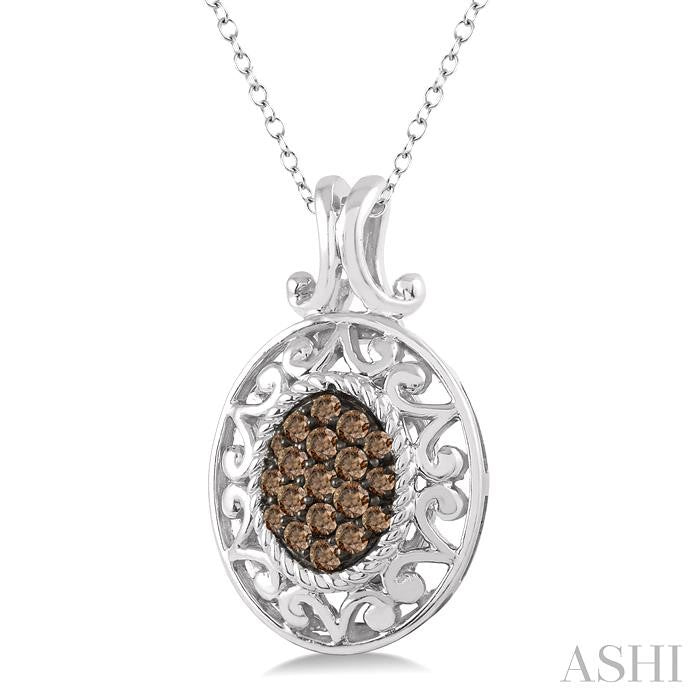 1/10 Ctw Oval Shape Round Cut Champagne Brown Diamond Pendant in Sterling Silver with Chain