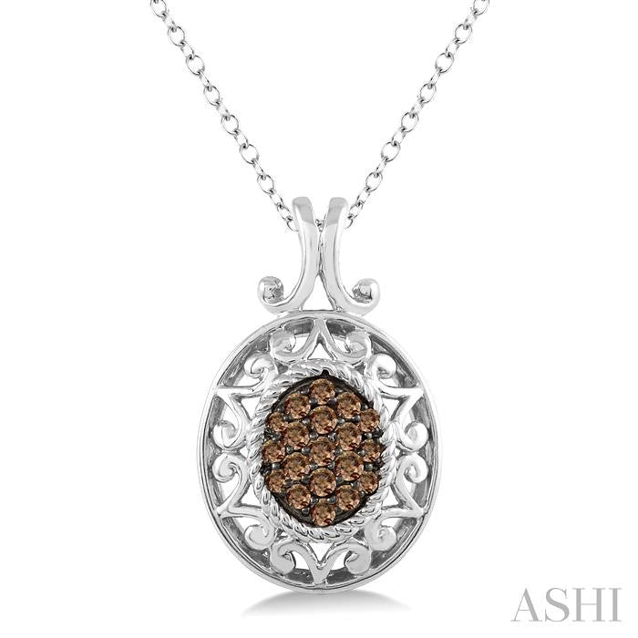 1/10 Ctw Oval Shape Round Cut Champagne Brown Diamond Pendant in Sterling Silver with Chain