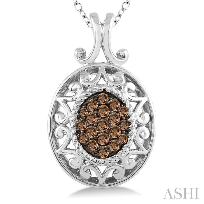 1/10 Ctw Oval Shape Round Cut Champagne Brown Diamond Pendant in Sterling Silver with Chain