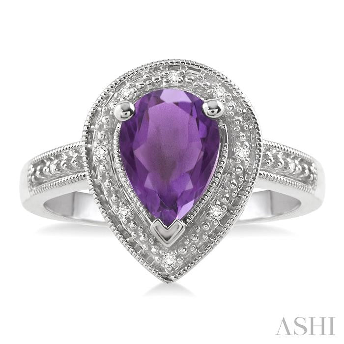 10x7 MM Pear Shape Amethyst and 1/20 Ctw Round Cut Diamond Ring in Sterling Silver