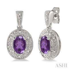 7x5 MM Oval Cut Amethyst and 1/20 Ctw Round Cut Diamond Earrings in Sterling Silver