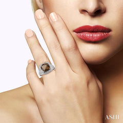 10x10 MM Cushion Shape Smoky Quartz and 1/20 Ctw Round Cut Diamond Ring in Sterling Silver