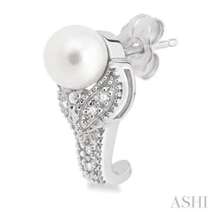6x6 MM Round Shape Cultured Pearls and 1/20 Ctw Round Cut Diamond Earrings in Sterling Silver
