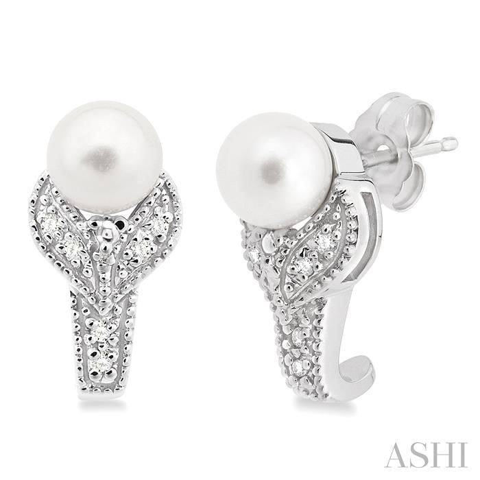 6x6 MM Round Shape Cultured Pearls and 1/20 Ctw Round Cut Diamond Earrings in Sterling Silver