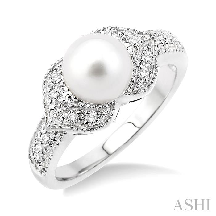 6.5 MM Round Shape Cultured Pearl and 1/20 Ctw Round Cut Diamond Ring in Sterling Silver