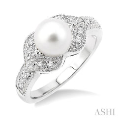 6.5 MM Round Shape Cultured Pearl and 1/20 Ctw Round Cut Diamond Ring in Sterling Silver