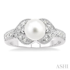 6.5 MM Round Shape Cultured Pearl and 1/20 Ctw Round Cut Diamond Ring in Sterling Silver