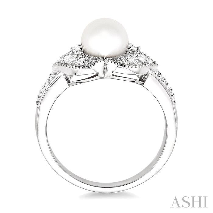 6.5 MM Round Shape Cultured Pearl and 1/20 Ctw Round Cut Diamond Ring in Sterling Silver