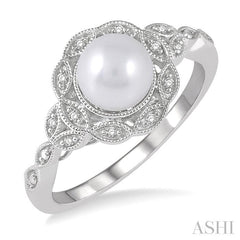 6.5x6.5 MM Cultured Pearl and 1/20 Ctw Round Cut Diamond Ring in Sterling Silver