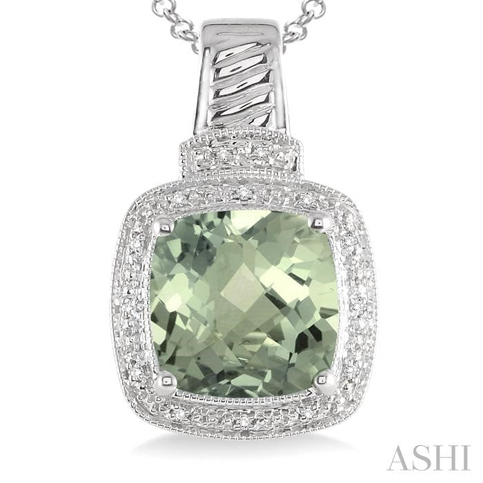 10x10 MM Cushion Shape Green Amethyst and 1/20 Ctw Round Cut Diamond Pendant in Sterling Silver with Chain