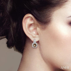 8x8 MM Cushion Shape Smoky Quartz and 1/20 Ctw Round Cut Diamond Earrings in Sterling Silver