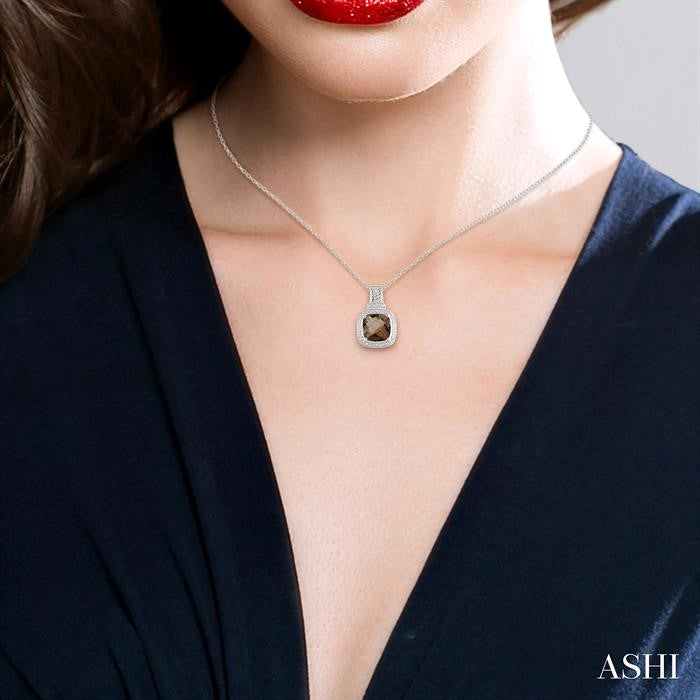 10x10 MM Cushion Shape Smoky Quartz and 1/20 Ctw Round Cut Diamond Pendant in Sterling Silver with Chain