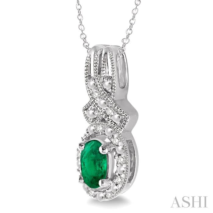5x3 MM Oval Cut Emerald and 1/50 Ctw Round Cut Diamond Pendant in Sterling Silver with Chain