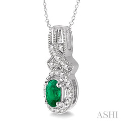 5x3 MM Oval Cut Emerald and 1/50 Ctw Round Cut Diamond Pendant in Sterling Silver with Chain