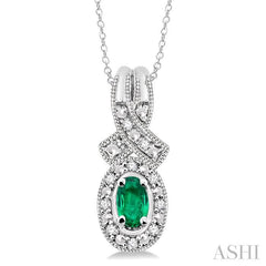 5x3 MM Oval Cut Emerald and 1/50 Ctw Round Cut Diamond Pendant in Sterling Silver with Chain