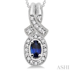 5x3 MM Oval Cut Sapphire and 1/50 Ctw Round Cut Diamond Pendant in Sterling Silver with Chain