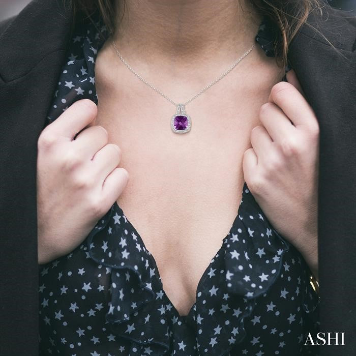 10x10 MM Cushion Shape Amethyst and 1/20 Ctw Round Cut Diamond Pendant in Sterling Silver with Chain