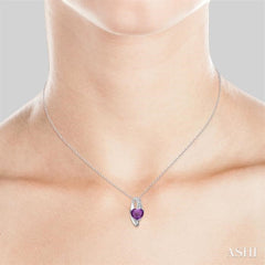 8x8 MM Heart Shape Amethyst and 1/20 Ctw Round Cut Diamond Pendant in Sterling Silver with Chain