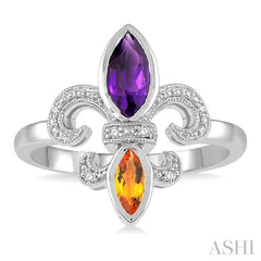 8x4 MM Marquise Cut Amethyst & 6X3 MM Marquise Cut Citrine and 1/50 Ctw Round Cut Diamond Fleur De Lis Ring in Sterling Silver
